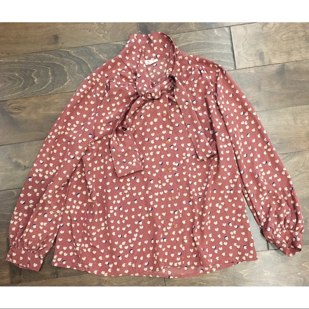 Vintage Mauve Cotton Pattern Tie Long-sleeve Top